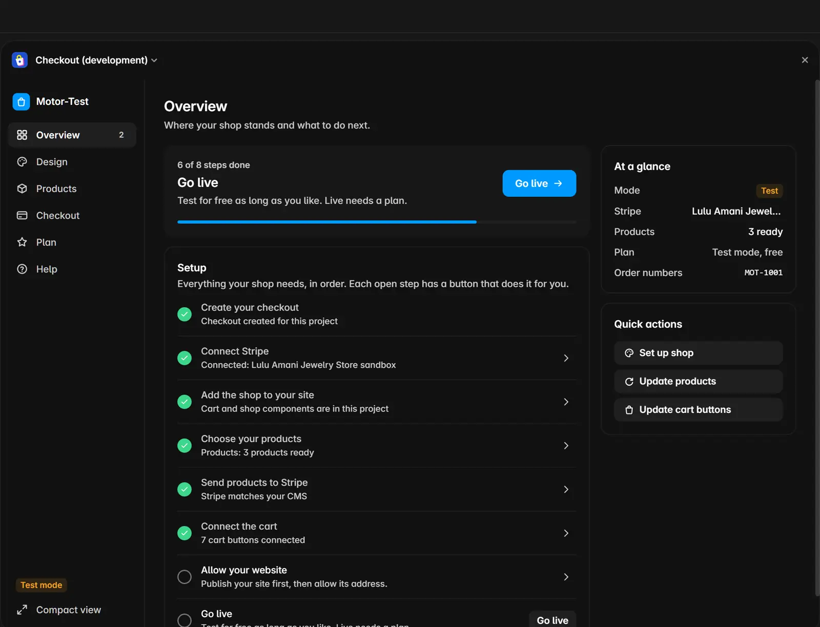 The dashboard on "Overview": progress, next step, checklist and "At a glance".