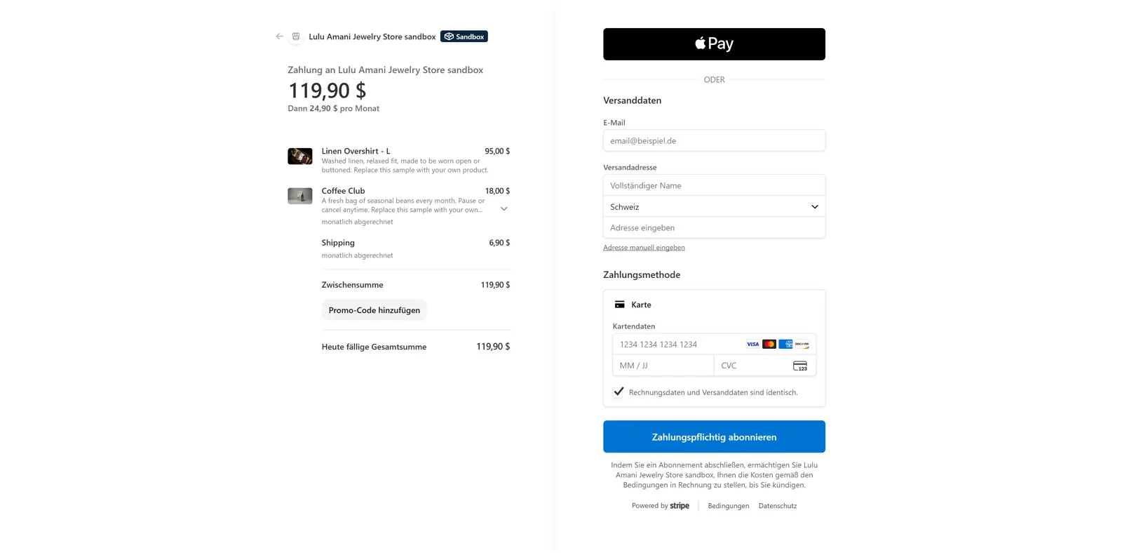 Der Stripe-Checkout mit Warenkorb, Versand und Abo.