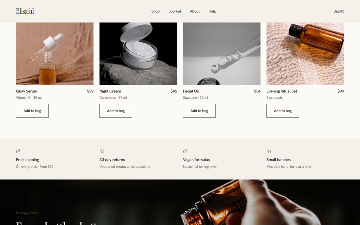Blissful home page, further down
