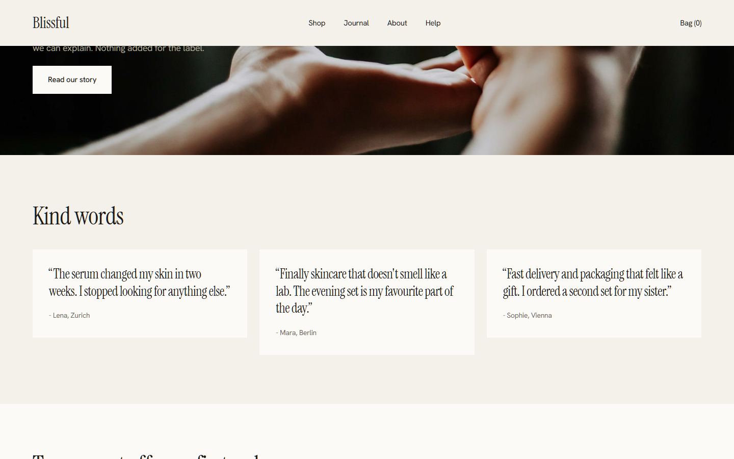 Blissful home page, lower sections